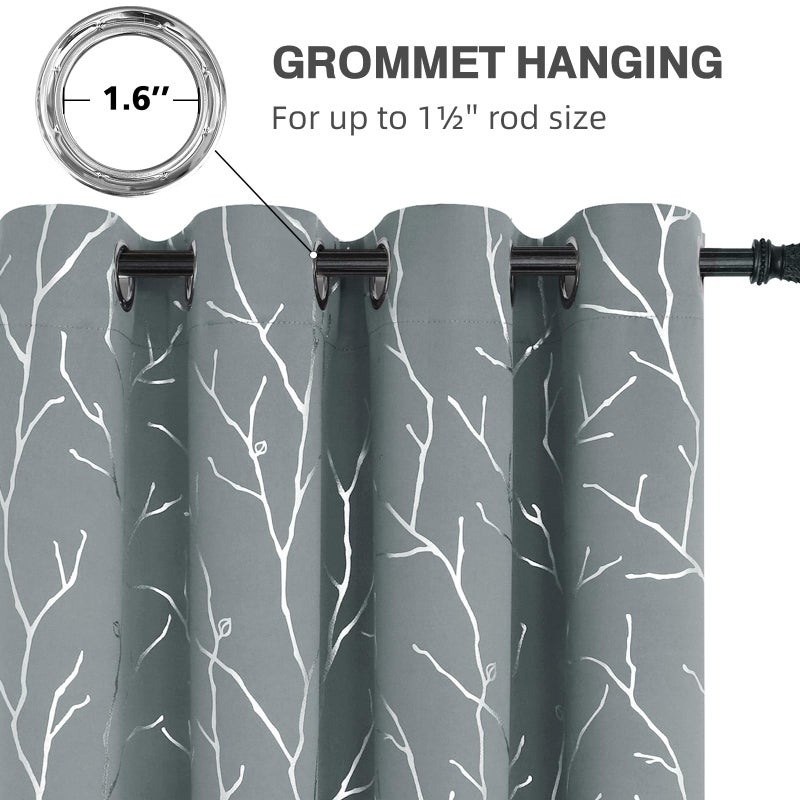 BUHUA Blackout Curtains Silver Foil Print Tree Branches Grommet Drapes, Room Darkening Thermal Insulated Curtains, Noise Reducing Blackout Curtain for Bedroom, Light Grey, 52Wx63L, 2 Panels - Image 3